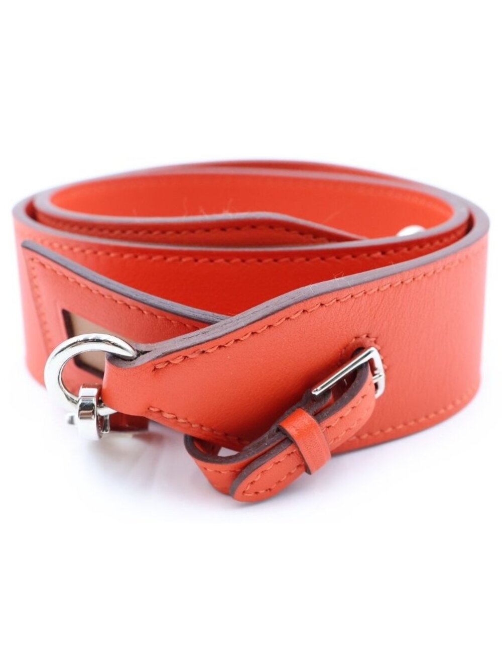 Hermes Bandouliere Etiquette Shoulder Strap Orange Leather Swift Silver